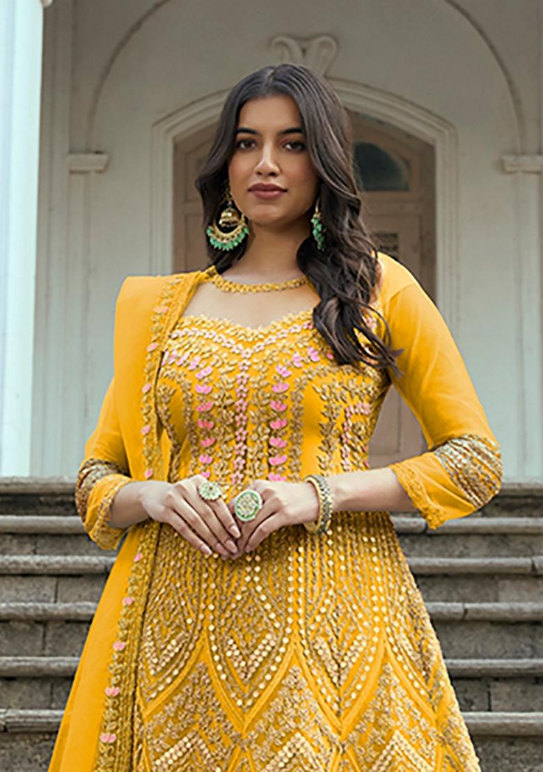 Mustard Yellow Embroidered Net Anarkali Set