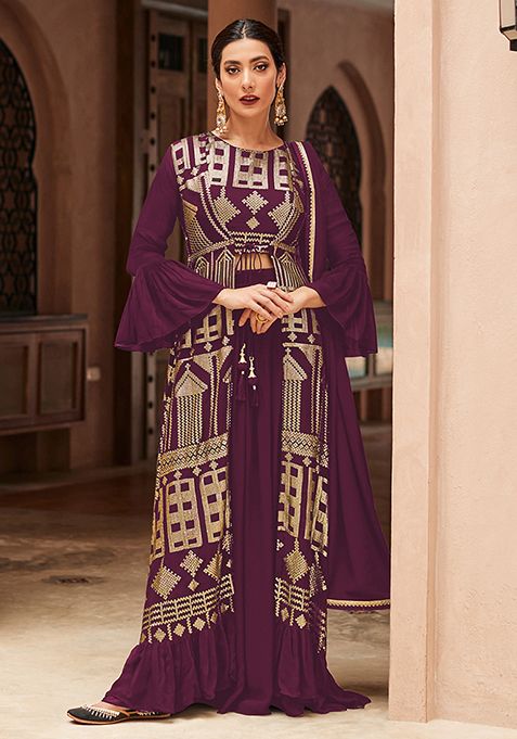 Wine Embroidered Georgette Jacket Set