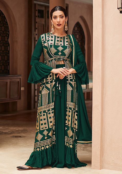 Dark Green Embroidered Georgette Jacket Set