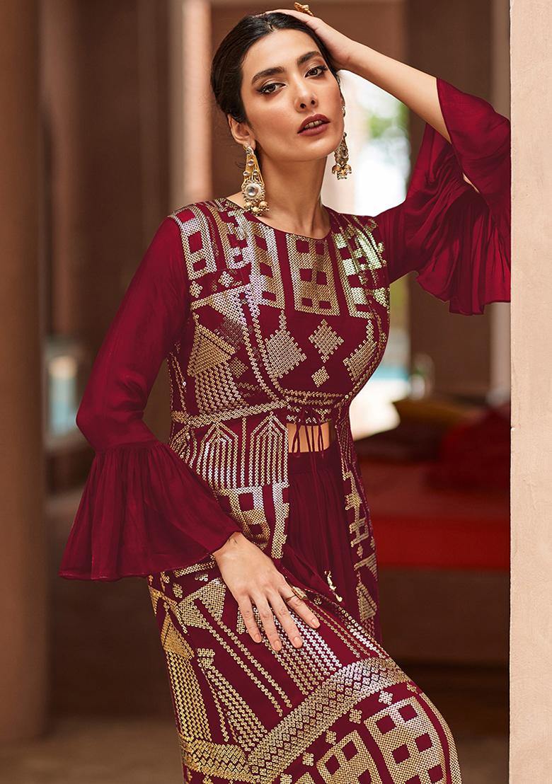 Maroon Embroidered Georgette Jacket Set