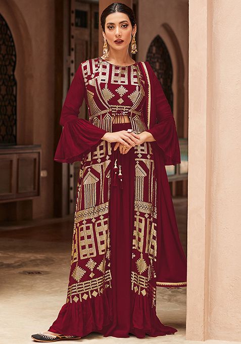 Maroon Embroidered Georgette Jacket Set