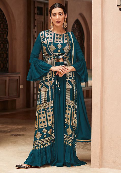 Teal Embroidered Georgette Jacket Set