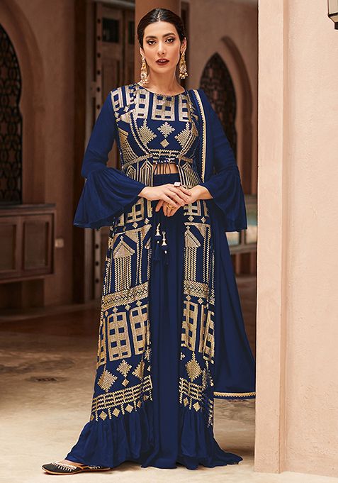 Royal Blue Embroidered Georgette Jacket Set