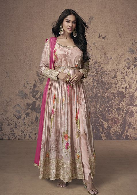 Peach Embroidered Georgette Kurta Set