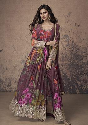 Wine Embroidered Georgette Kurta Set