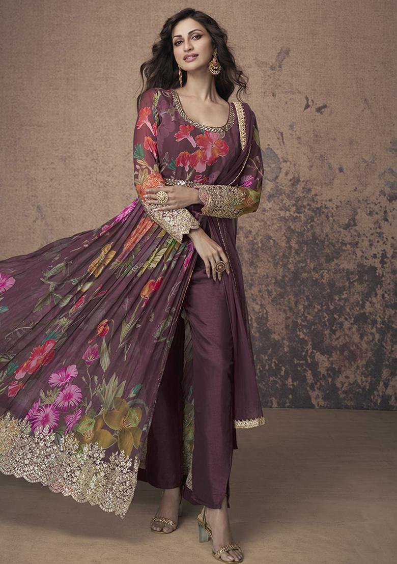 Wine Embroidered Georgette Kurta Set