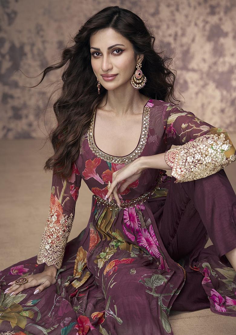 Wine Embroidered Georgette Kurta Set