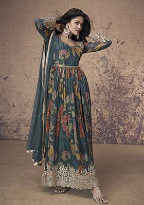 Teal Embroidered Georgette Kurta Set