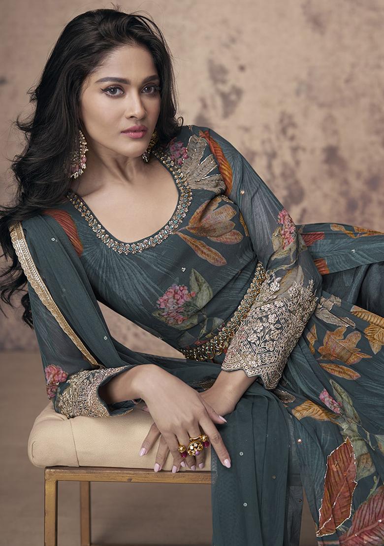 Teal Embroidered Georgette Kurta Set