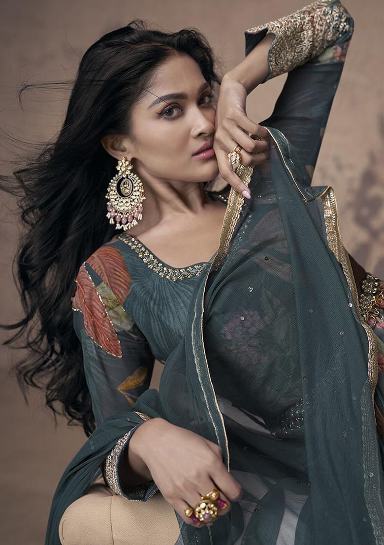 Teal Embroidered Georgette Kurta Set