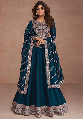 Dark Teal Embroidered Silk Anarkali Kurta With Dupatta