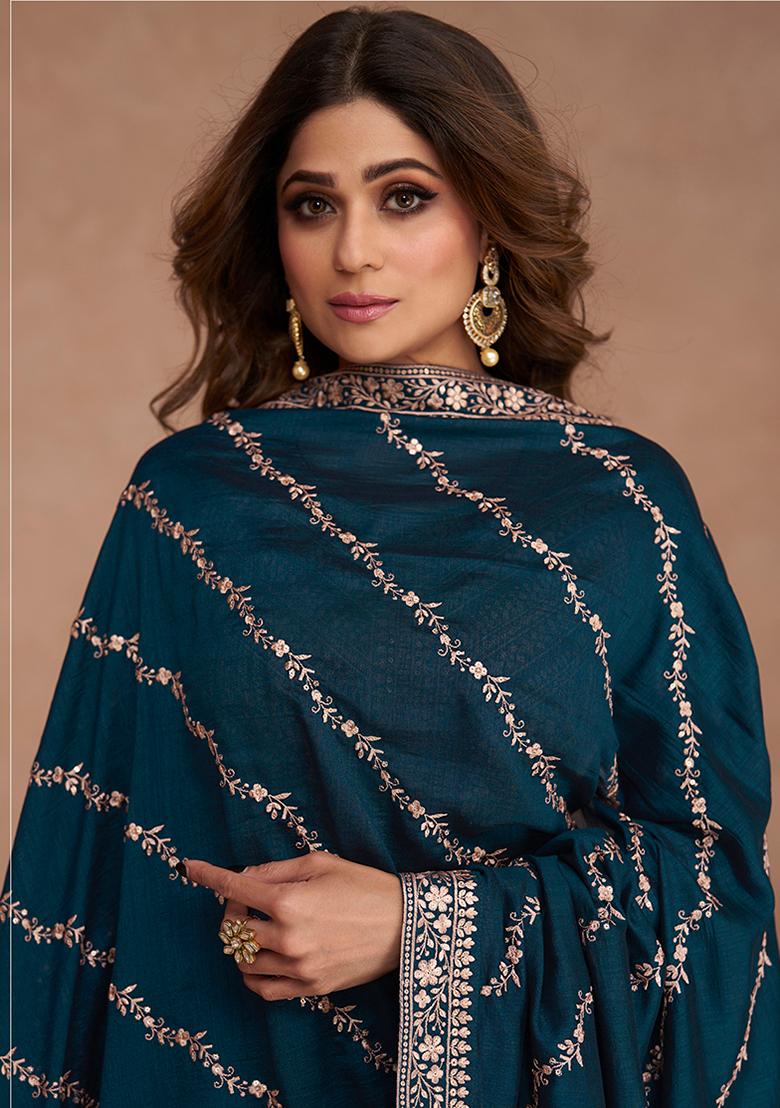 Dark Teal Embroidered Silk Anarkali Kurta With Dupatta