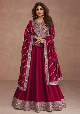 Coral Embroidered Silk Anarkali Kurta With Dupatta