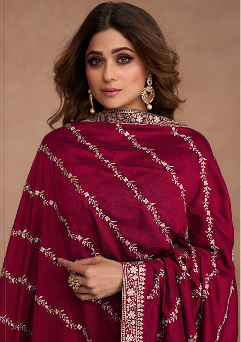 Coral Embroidered Silk Anarkali Kurta With Dupatta