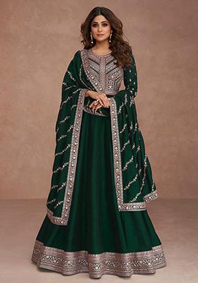 Dark Green Embroidered Silk Anarkali Kurta With Dupatta
