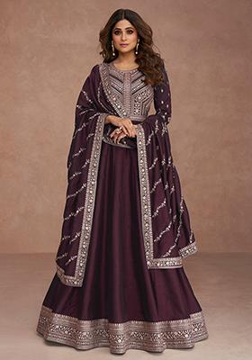 Burgundy Embroidered Silk Anarkali Kurta With Dupatta