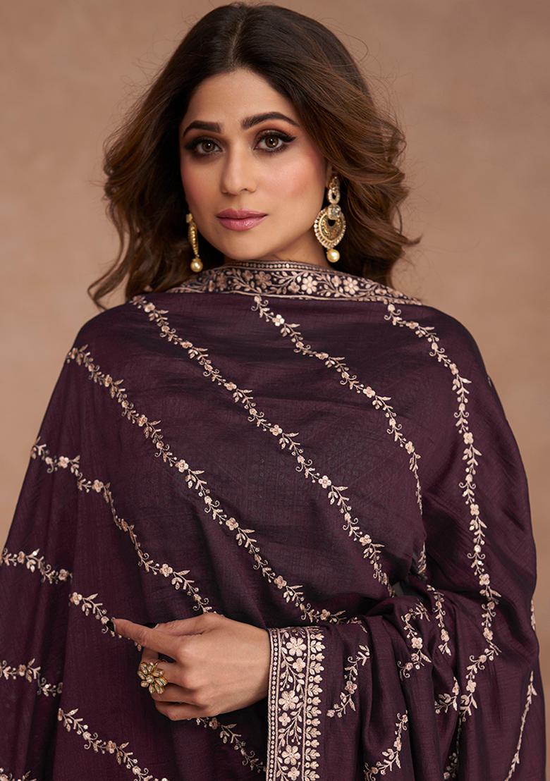 Burgundy Embroidered Silk Anarkali Kurta With Dupatta