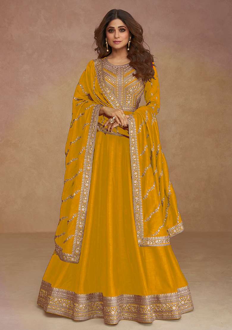 Mustard Embroidered Silk Blend Anarkali Set - Indya