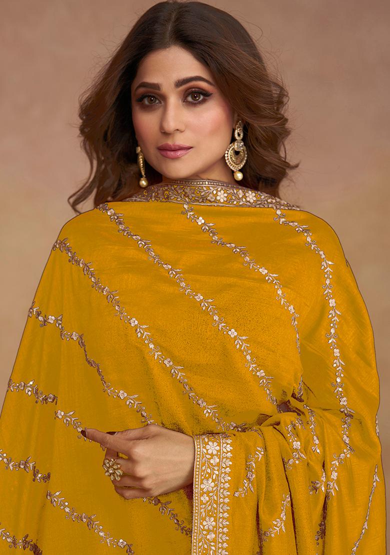 Mustard Embroidered Silk Anarkali Kurta With Dupatta