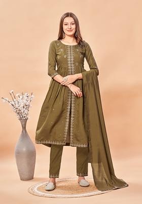 Brown Sequin Thread Embroidered Roman Silk Kurta Set