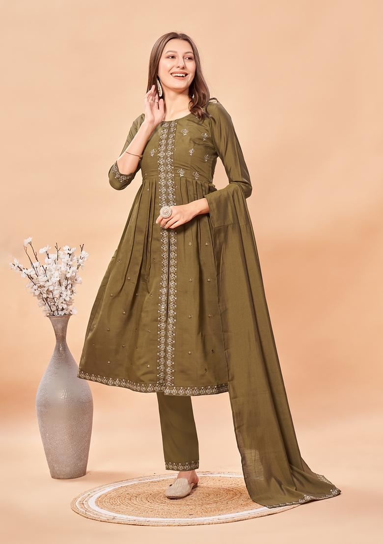 Brown Sequin Thread Embroidered Roman Silk Kurta Set