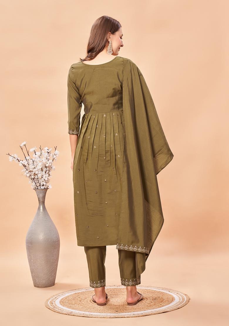 Brown Sequin Thread Embroidered Roman Silk Kurta Set