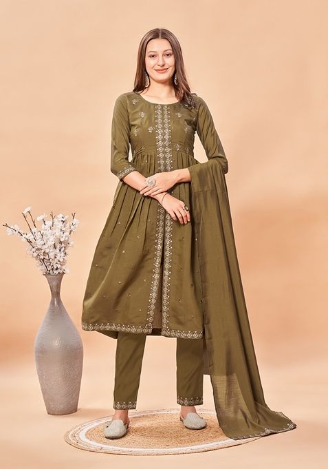 Brown Sequin Thread Embroidered Roman Silk Kurta Set