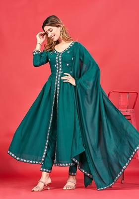 Brown Sequin Thread Embroidered Roman Silk Kurta Set