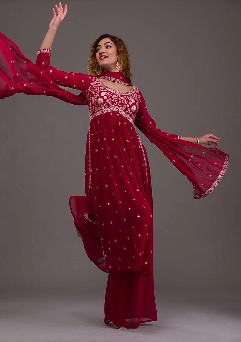 Maroon Sequin Thread Embroidered Georgette Kurta Set