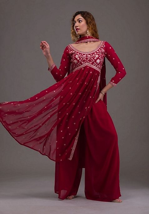 Maroon Sequin Thread Embroidered Georgette Kurta Set