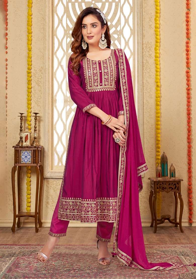 Pink Zari Sequin Embroidered Roman Silk Kurta Set - Indya