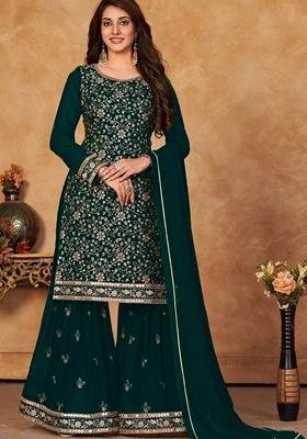 Dark Green Zari Sequin Embroidered Georgette Sharara Set