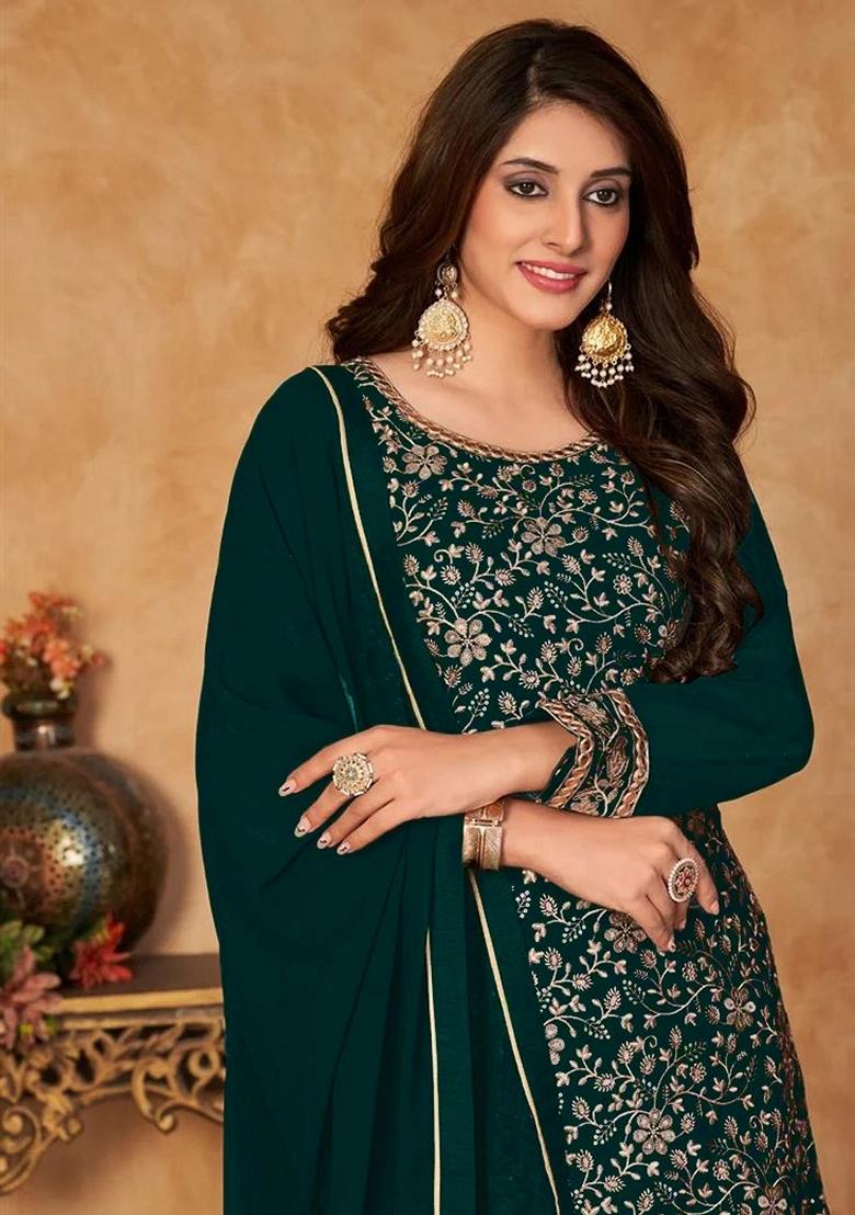 Dark Green Zari Sequin Embroidered Georgette Sharara Set