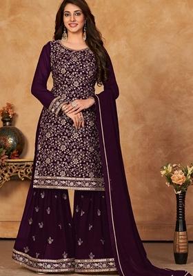 Dark Wine Zari Sequin Embroidered Georgette Sharara Set