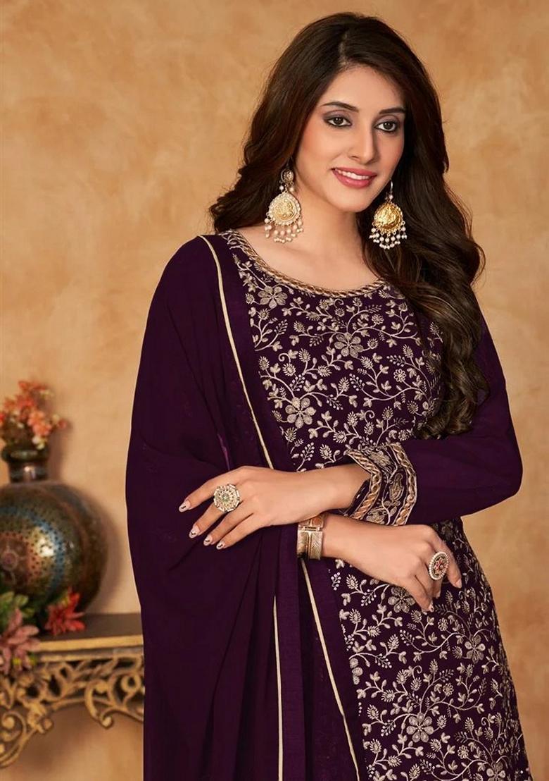 Dark Wine Zari Sequin Embroidered Georgette Sharara Set