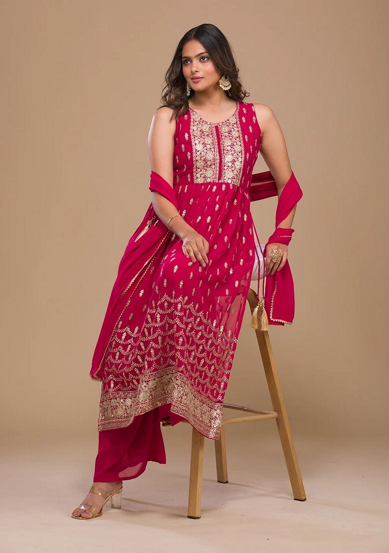 Pink Zari Sequin Embroidered Georgette Kurta Set