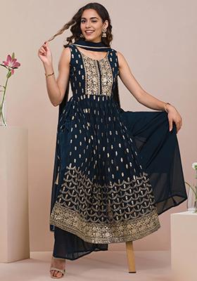 Blue Zari Sequin Embroidered Georgette Kurta Set