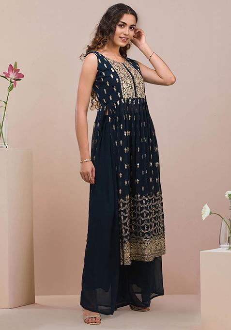 Pastel Blue Sequin Embroidered Georgette Kurta with Layered Sharara