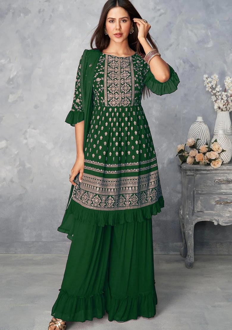 Green Zari Sequin Embroidered Georgette Sharara Set