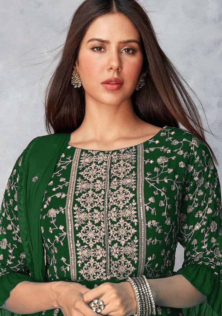 Green Zari Sequin Embroidered Georgette Sharara Set