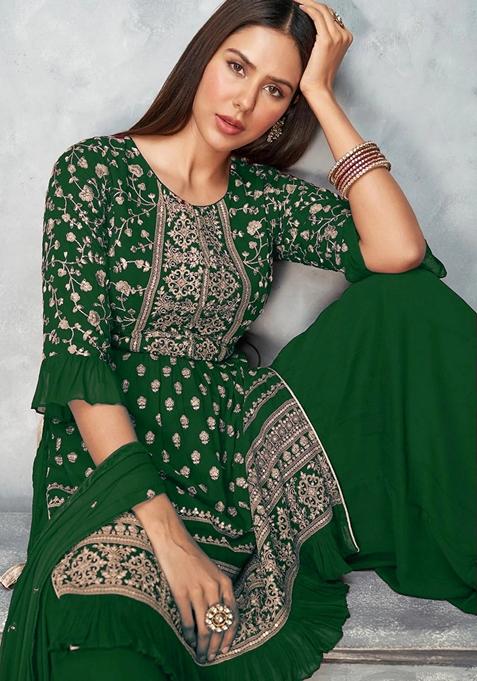 Green Zari Sequin Embroidered Georgette Sharara Set