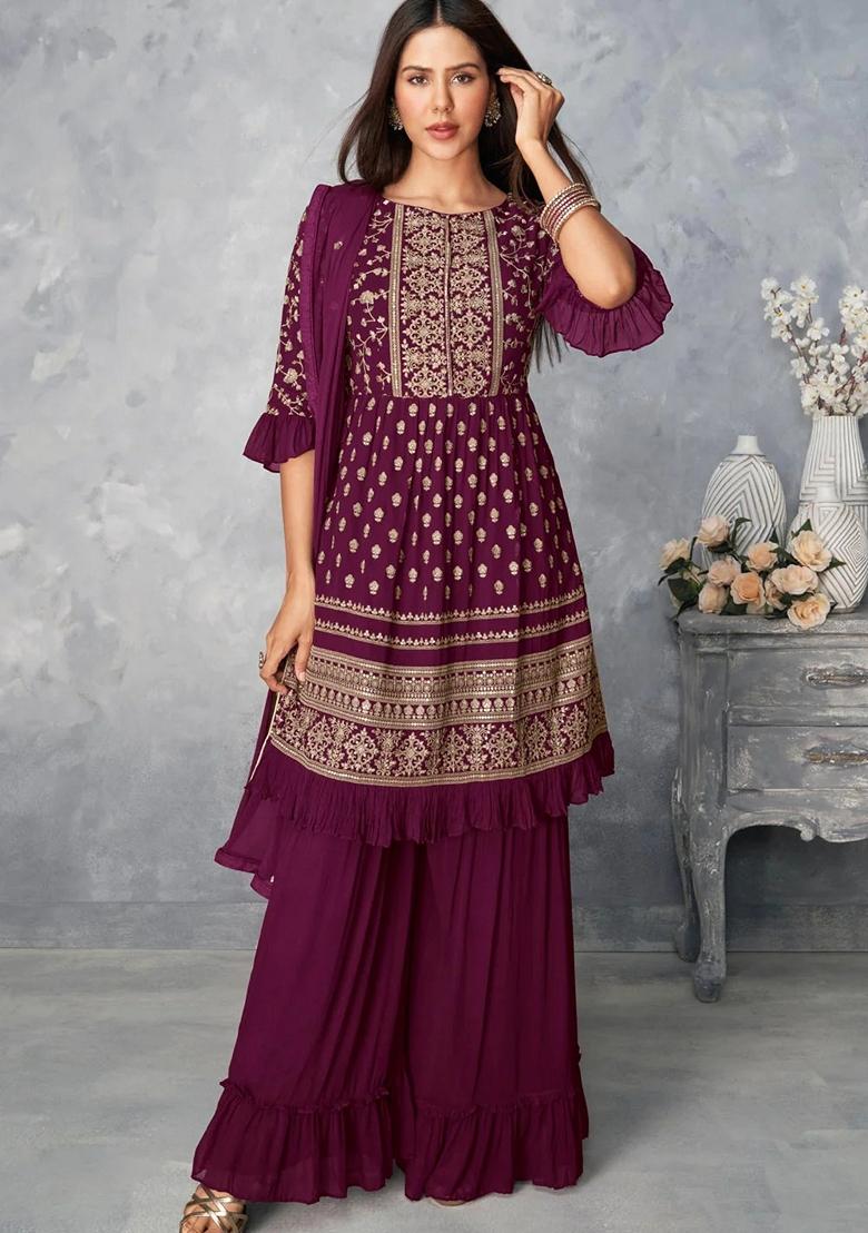 Wine Zari Sequin Embroidered Georgette Sharara Set