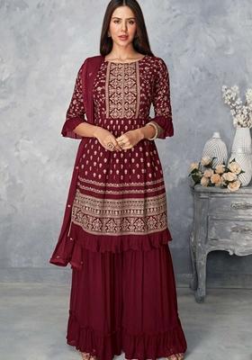 Maroon Zari Sequin Embroidered Georgette Sharara Set