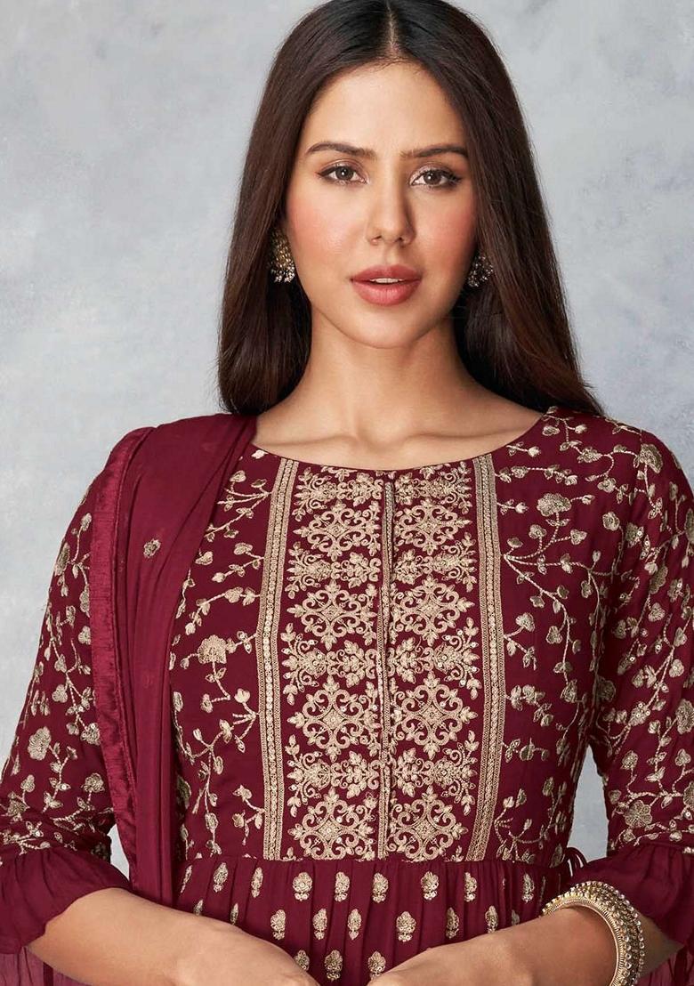 Maroon Zari Sequin Embroidered Georgette Sharara Set