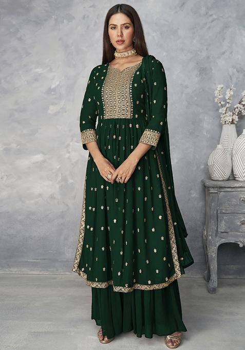 Green Zari Sequin Embroidered Georgette Kurta Set