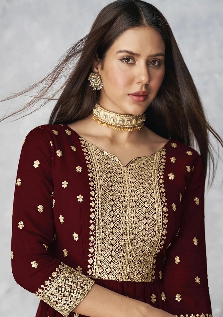 Maroon Zari Sequin Embroidered Georgette Kurta Set
