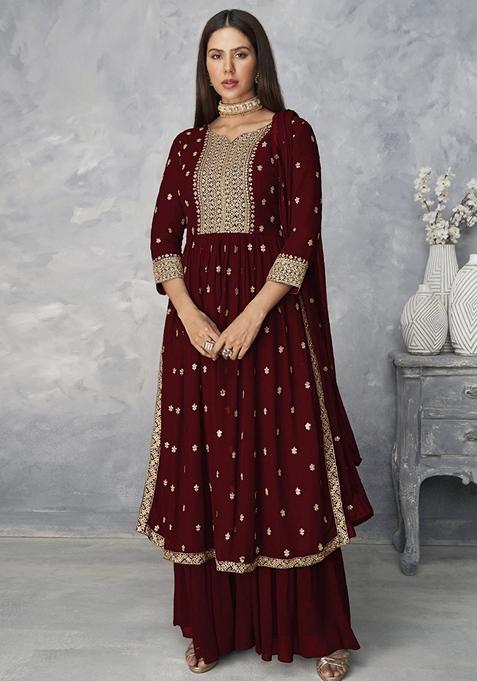 Maroon Zari Sequin Embroidered Georgette Kurta Set