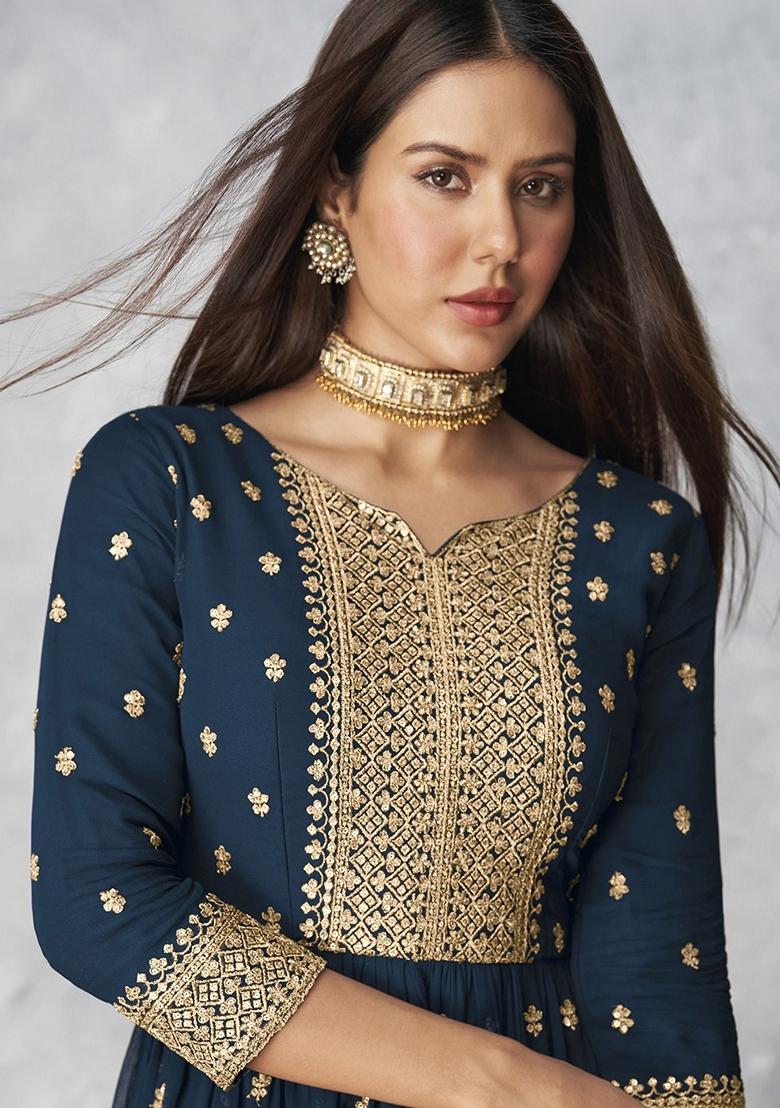 Blue Zari Sequin Embroidered Georgette Kurta Set