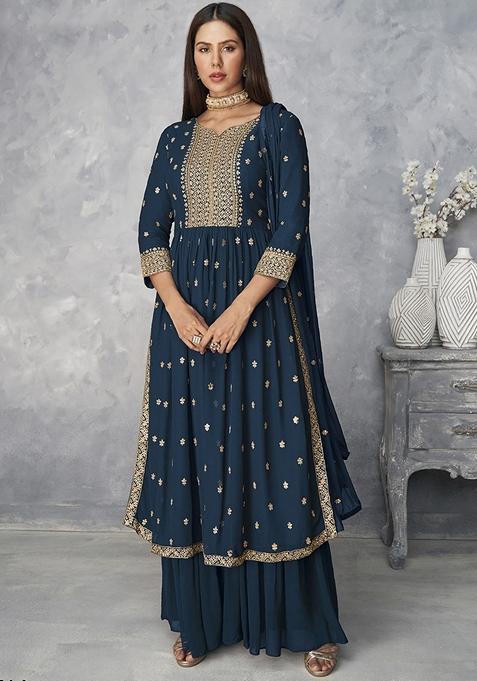 Blue Zari Sequin Embroidered Georgette Kurta Set