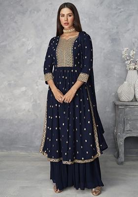 Navy Blue Zari Sequin Embroidered Georgette Kurta Set